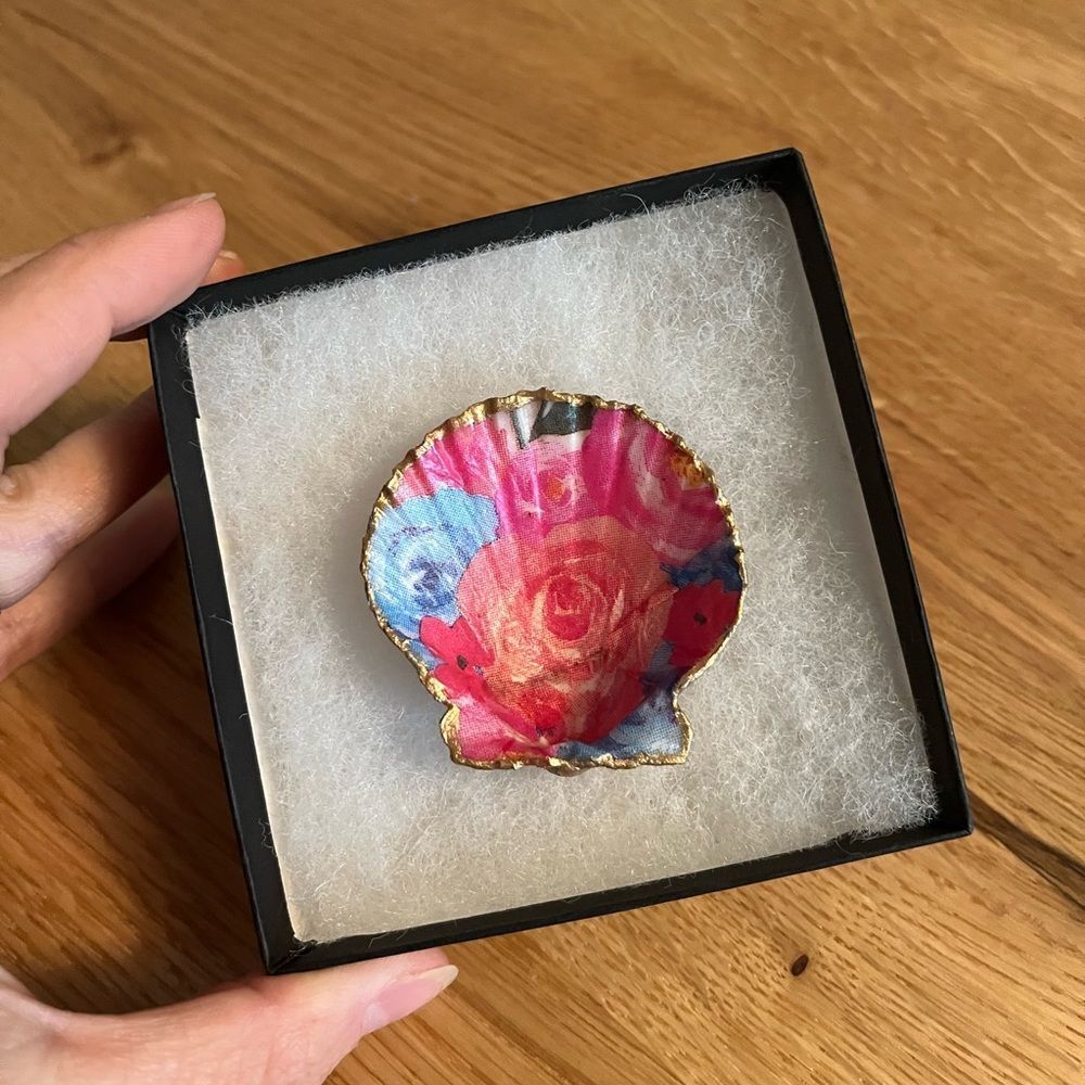 Handcrafted Gold Leaf Decoupage Shell Trinket Dish Floral
